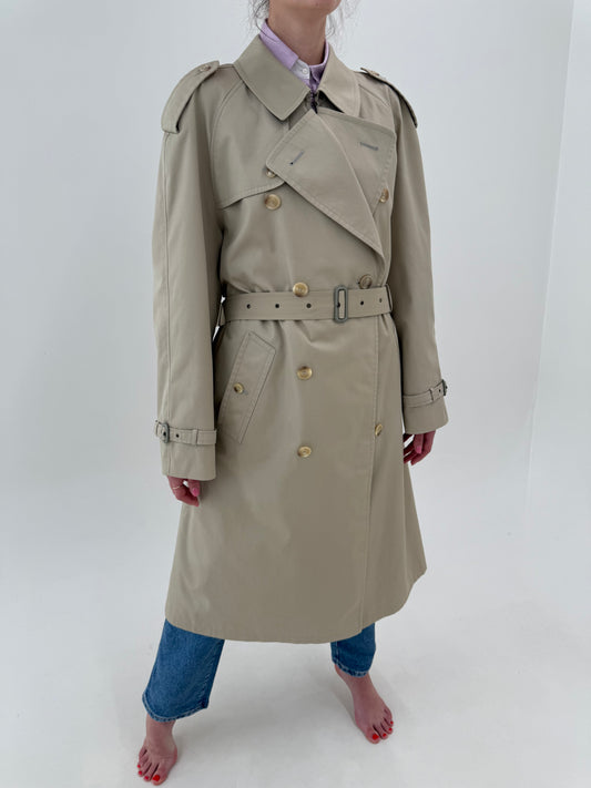 Trench vintage camel din gabardină impermeabilă cu talie ultra înaltă marcată