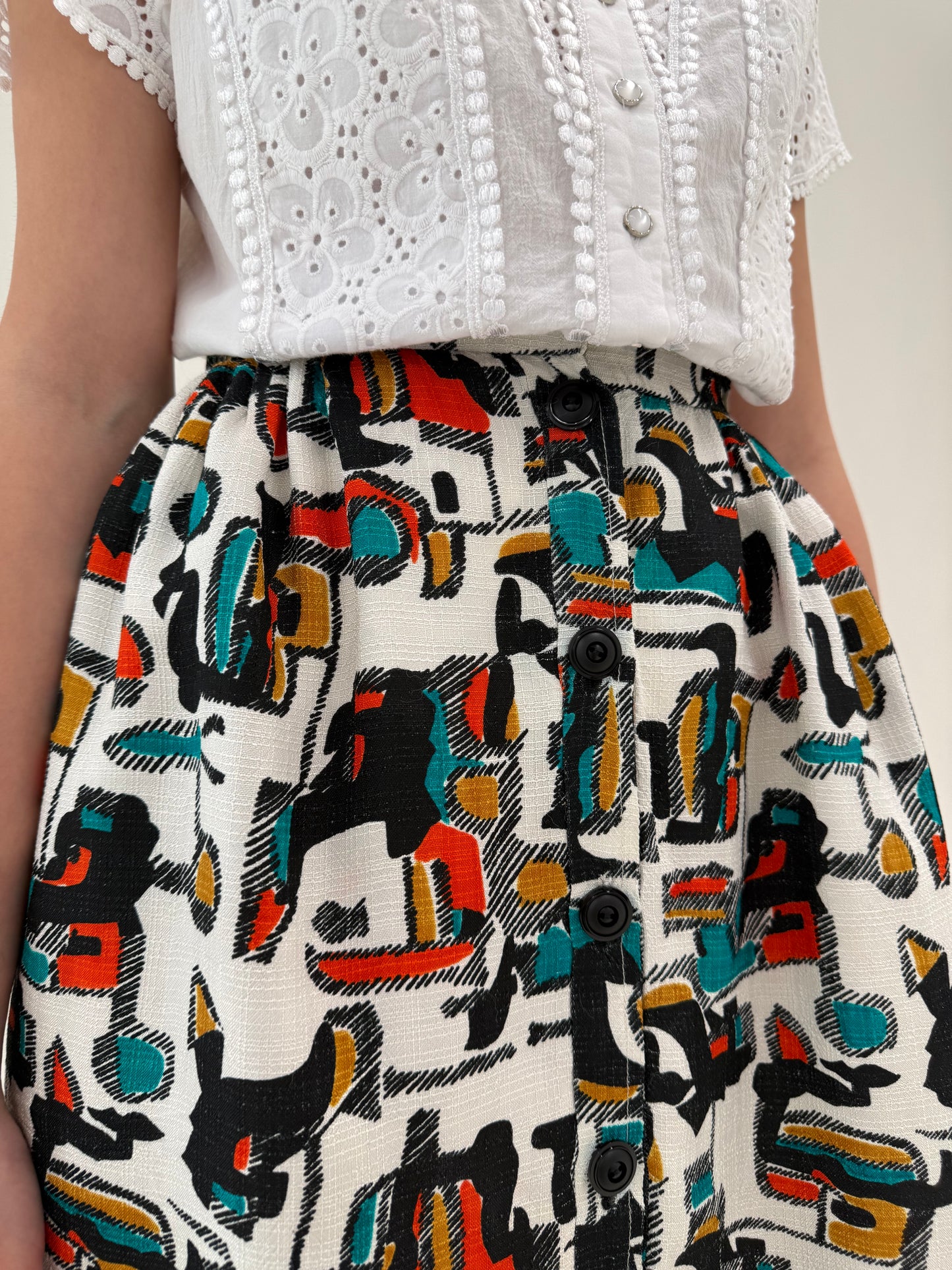 Fustă vintage din pânză cu talie ultra înaltă și buzunare cu print geometric