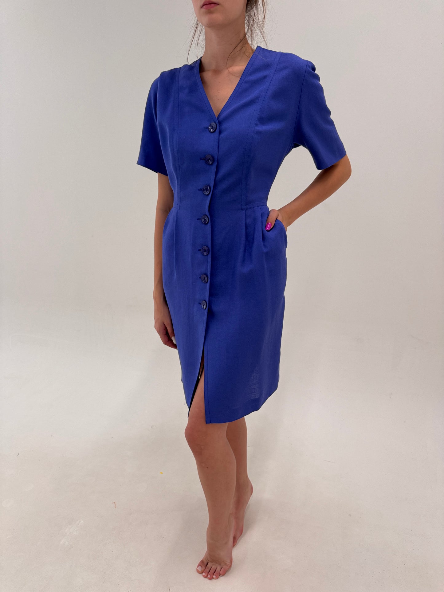 Rochie vintage iris blue cu talie marcată și buzunare din panzica