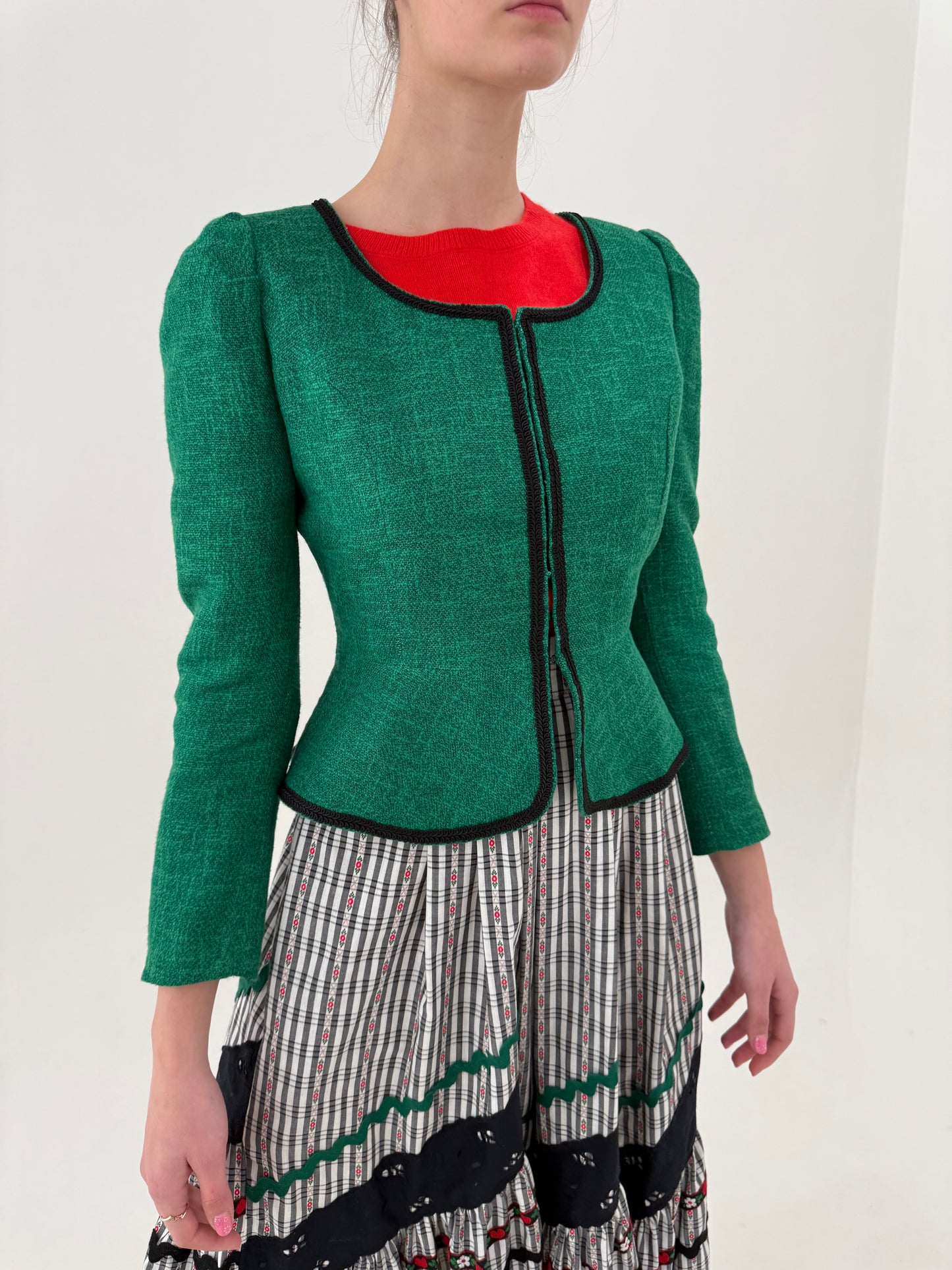 Sacou vintage din pânză ultra cambrat verde smarald excepțional