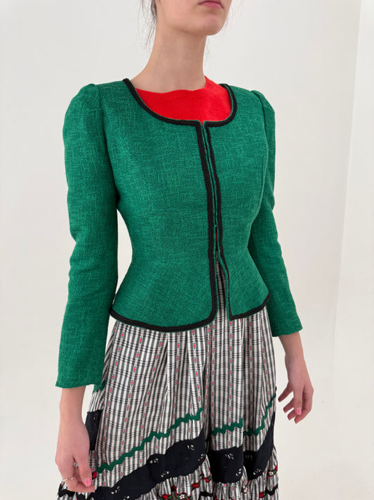 Sacou vintage din pânză ultra cambrat verde smarald excepțional