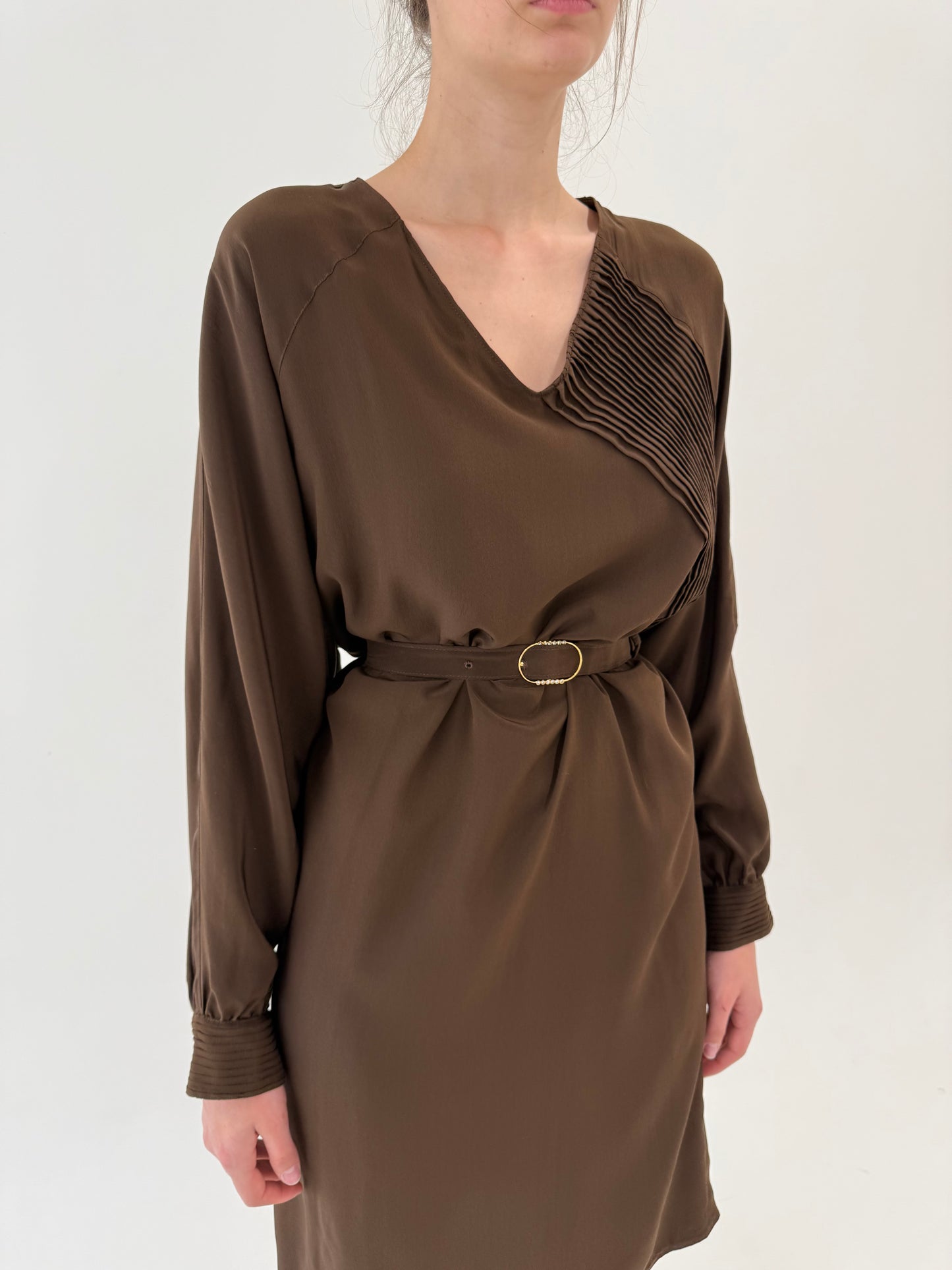 Rochie vintage din mătase naturală în croi retro modern cu centura proprie