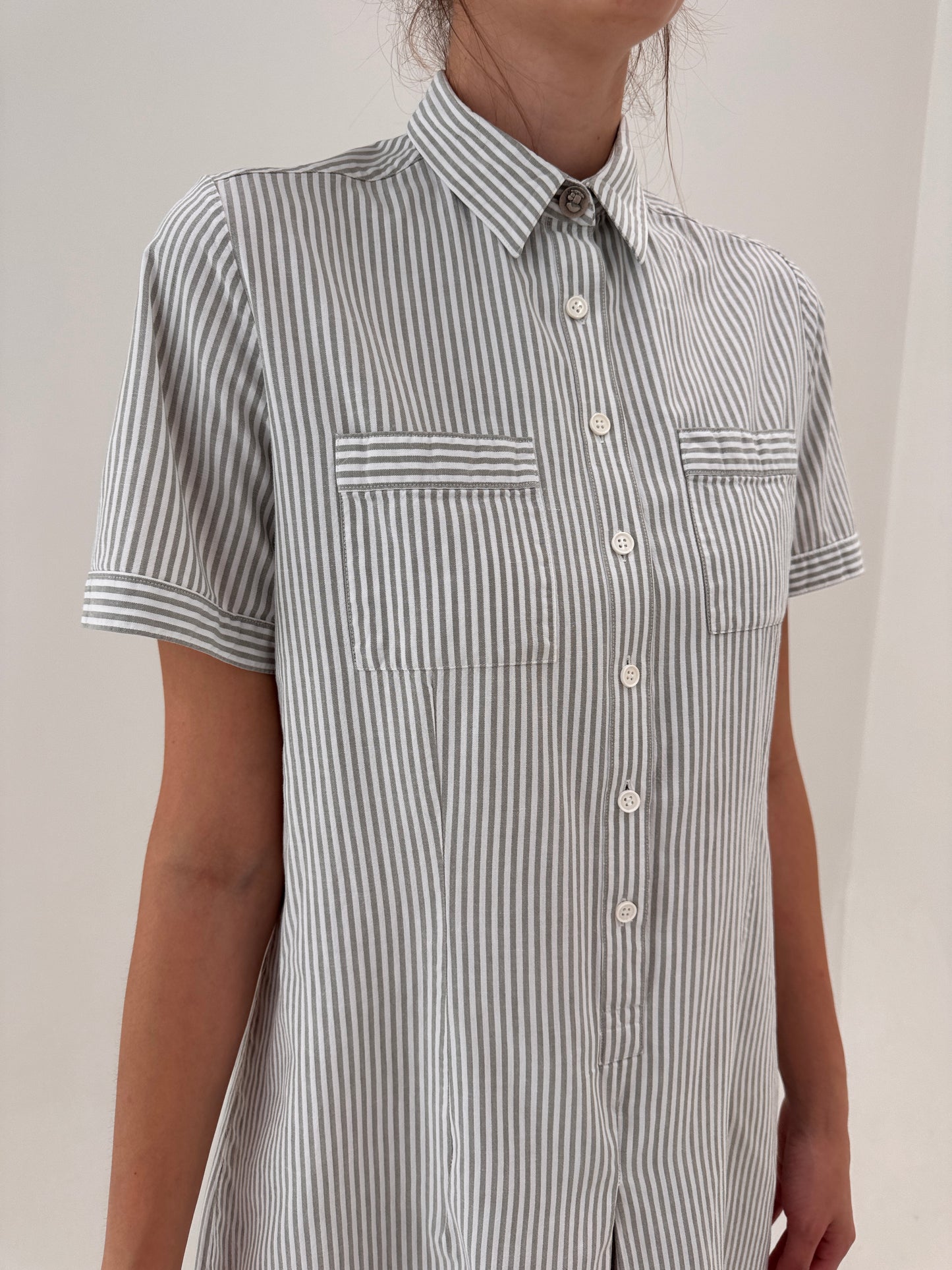 Rochie vintage excepțională in dungi warm gray din pânză de bumbac