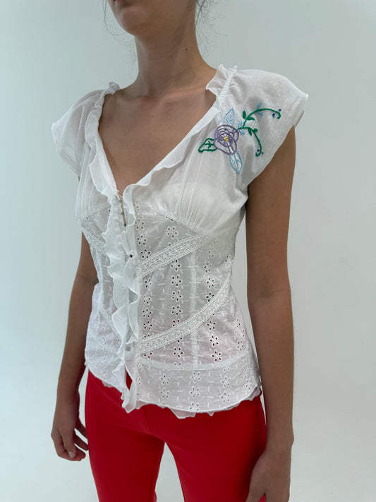 Corsaj din panzica de bumbac cu broderie anglaise în croi ultra feminin