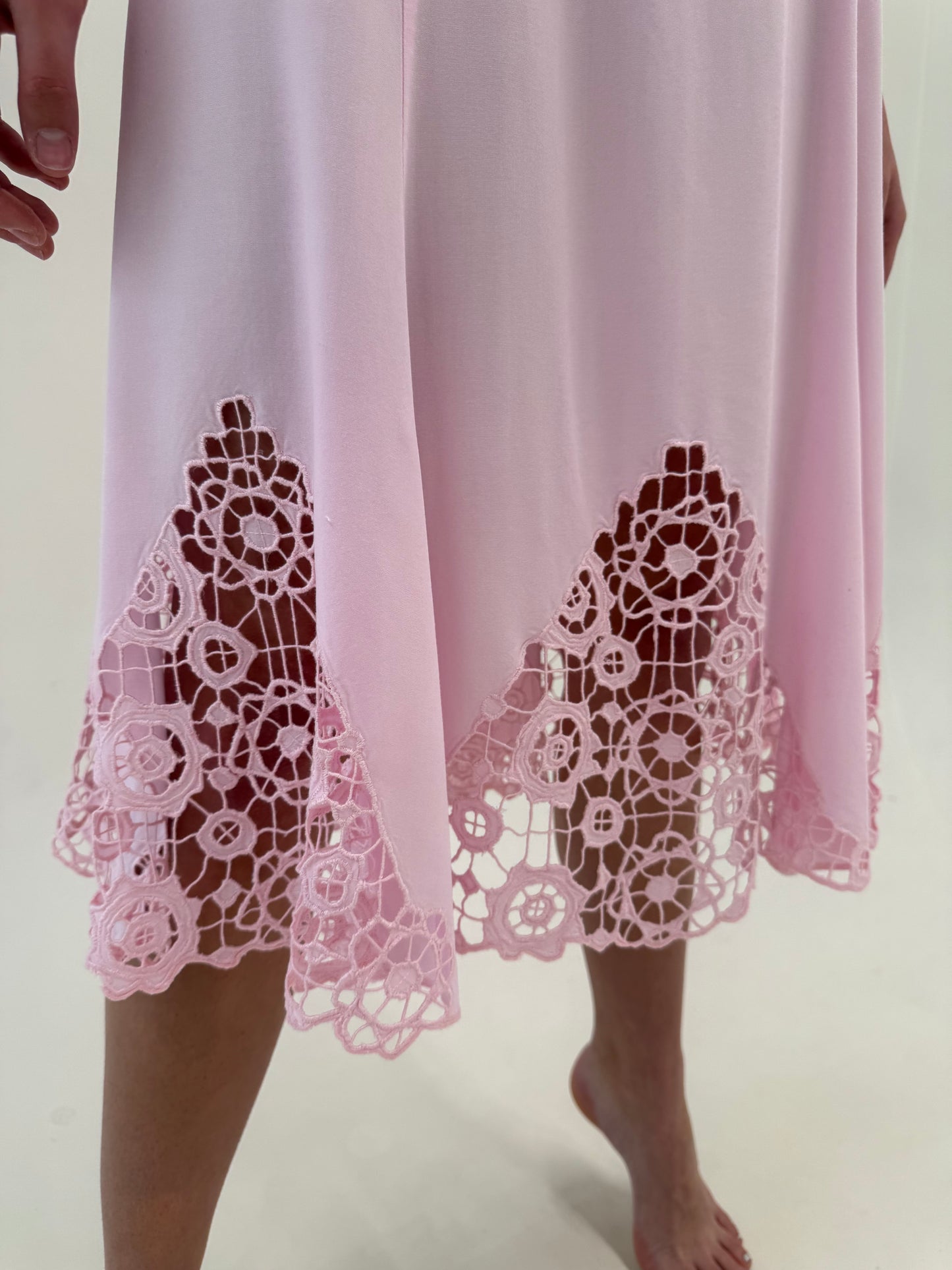 Set vintage powder Pink cu inserții de dantelă macrame și talie marcată elastică