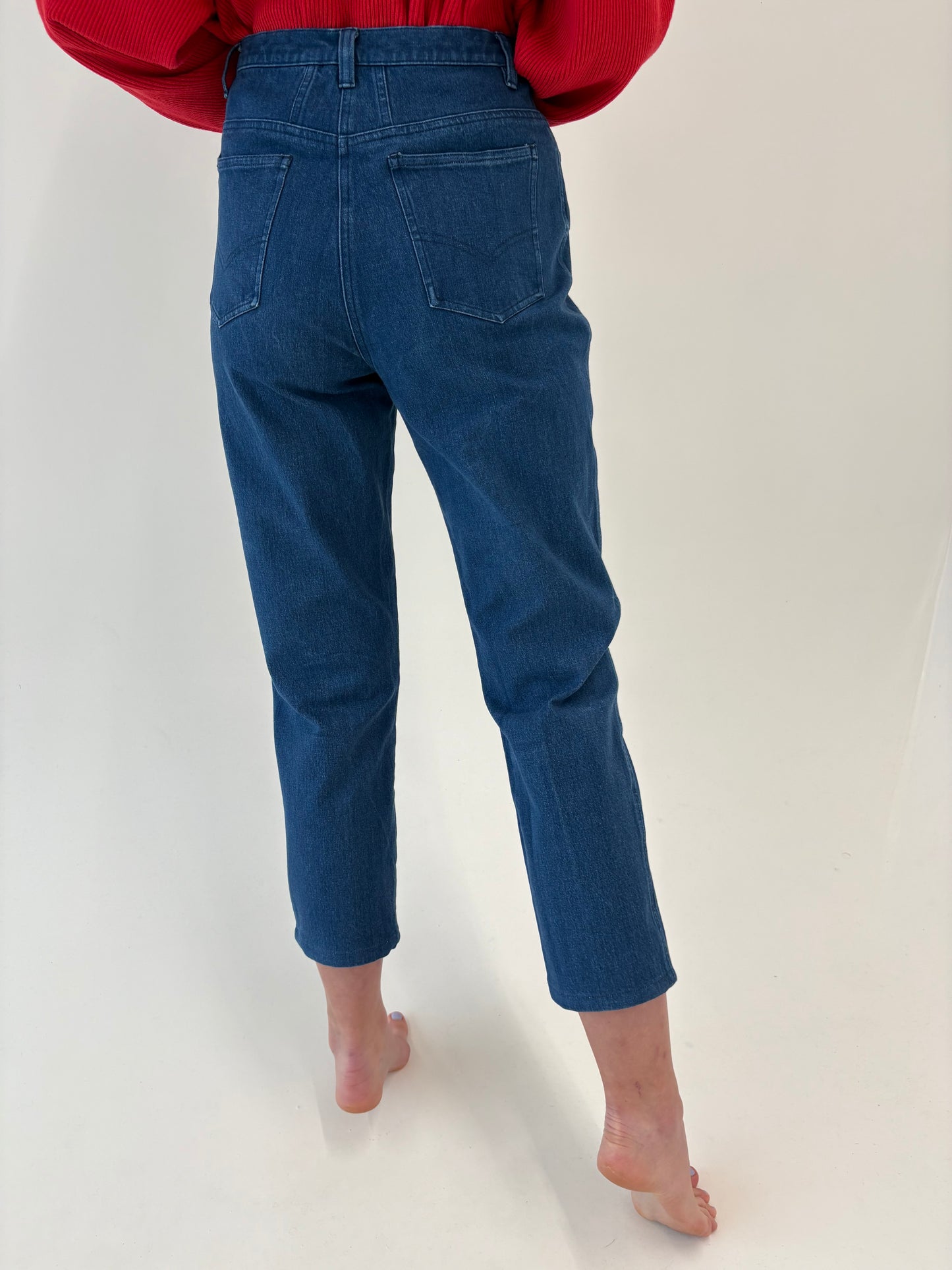Jeans vintage petite cu talie ultra înaltă classic blue wash modelatori