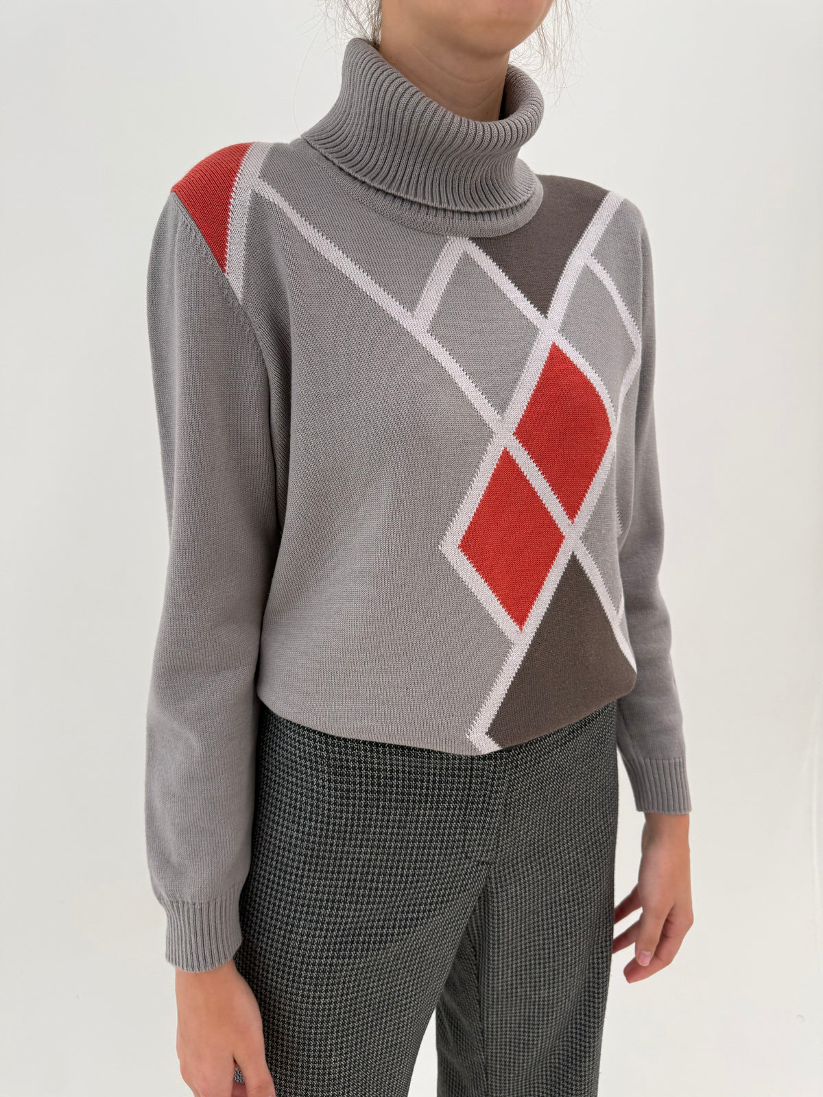 Maleta warm gray din lana merino extrafina cu print romburi