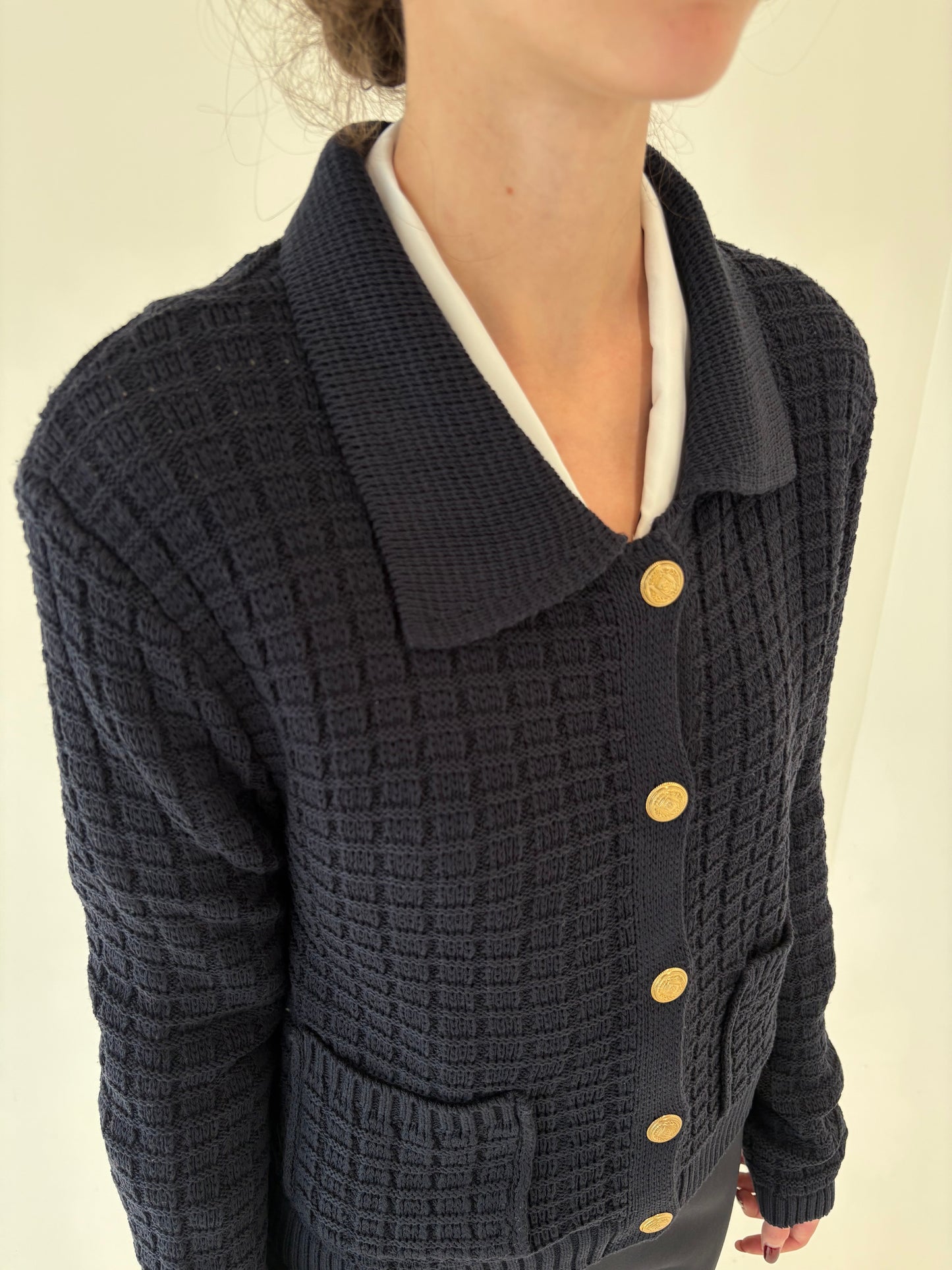 Jacheta Navy cu nasturi aurii din tricot gros de bumbac de gramaj mare