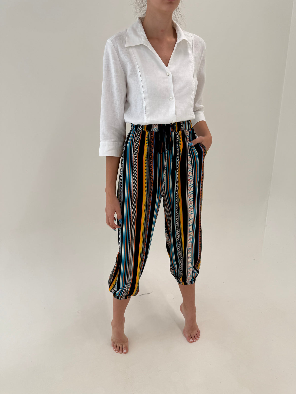 Pantaloni baloon petite capri cu talie ultra înaltă elastică vaporoși în dungi