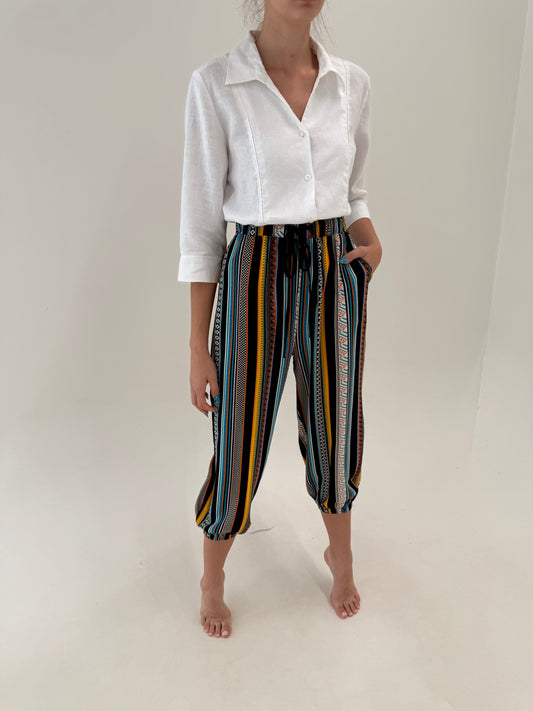 Pantaloni baloon petite capri cu talie ultra înaltă elastică vaporoși în dungi