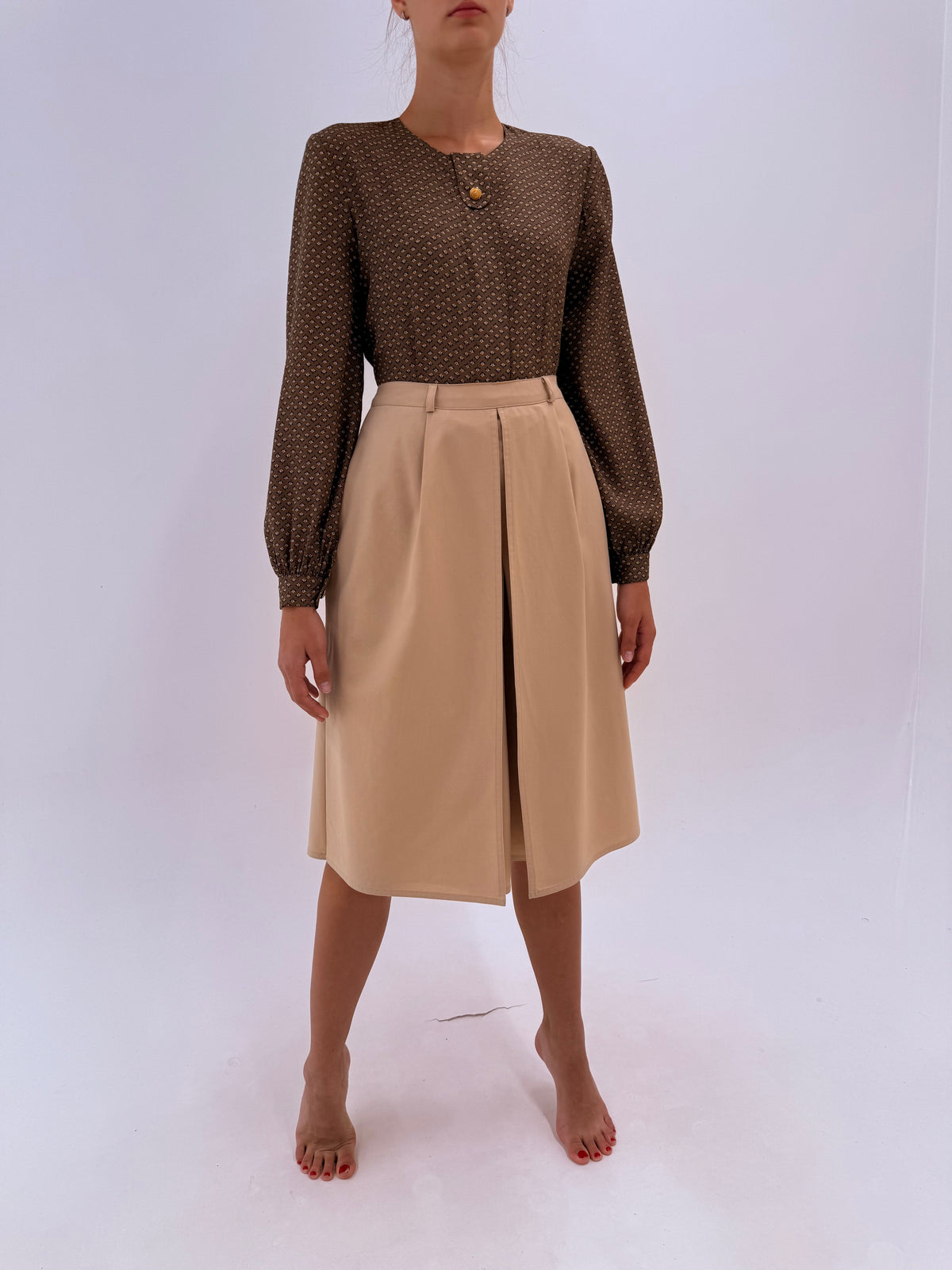 Fustă pantaloni Max Mara camel din stofă de lana extrafina subțire cu buzunare