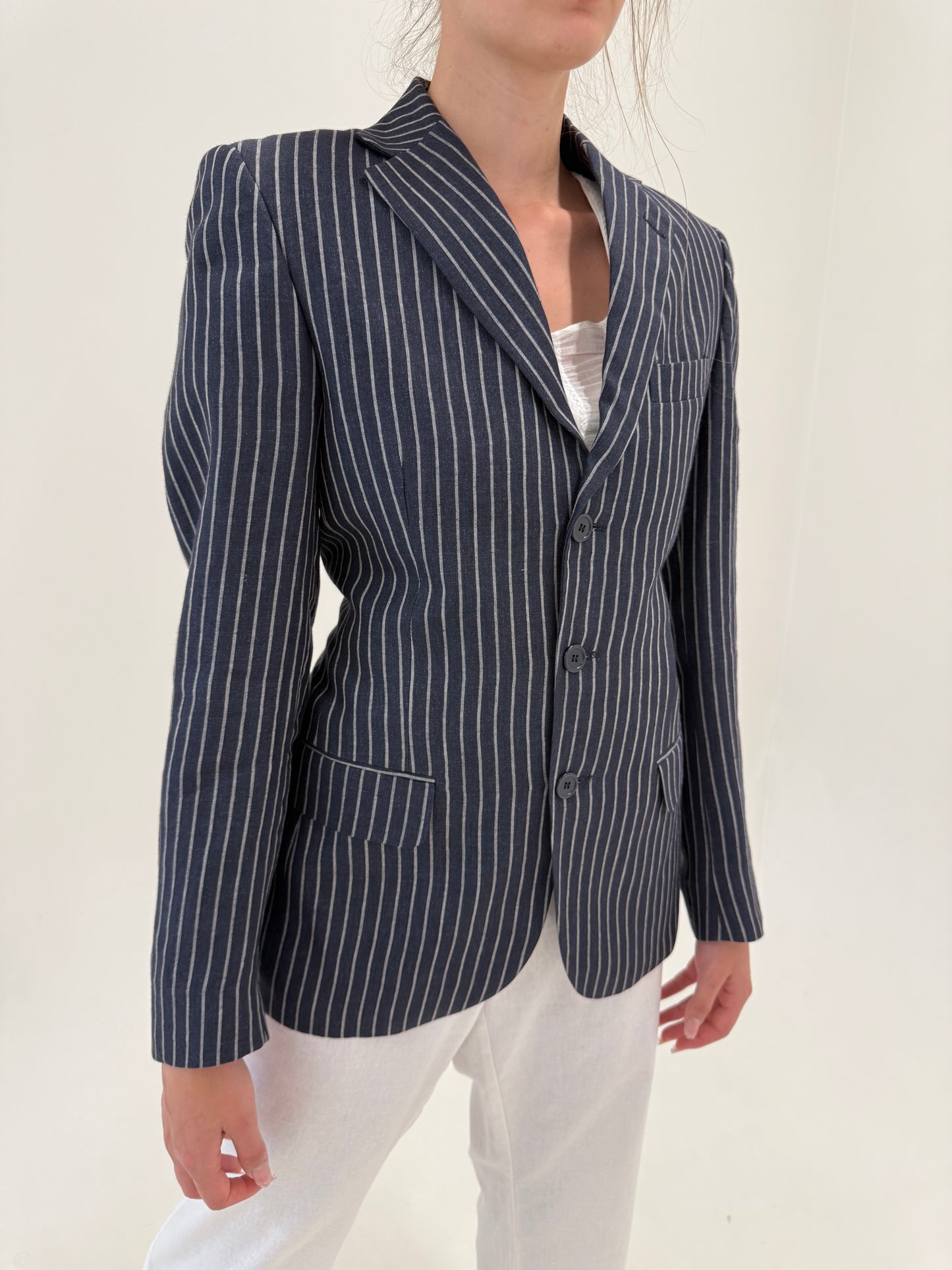 Sacou italian Navy tall cu dungi albe verticale din in preemium