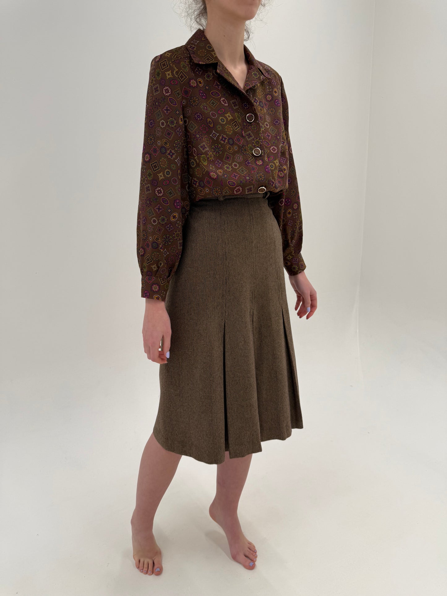 Fustă vintage midi taupe brown din lana extrafina cu talie ultra înaltă