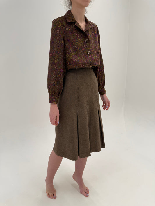 Fustă vintage midi taupe brown din lana extrafina cu talie ultra înaltă