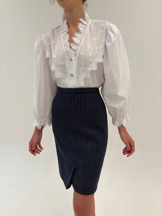 Fustă Navy din lana extrafina cu dungi fine verticale ivorie