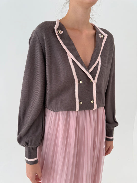 Pulover vintage italian taupe cu powder pink din mix de lana extrafina și mâneci ample