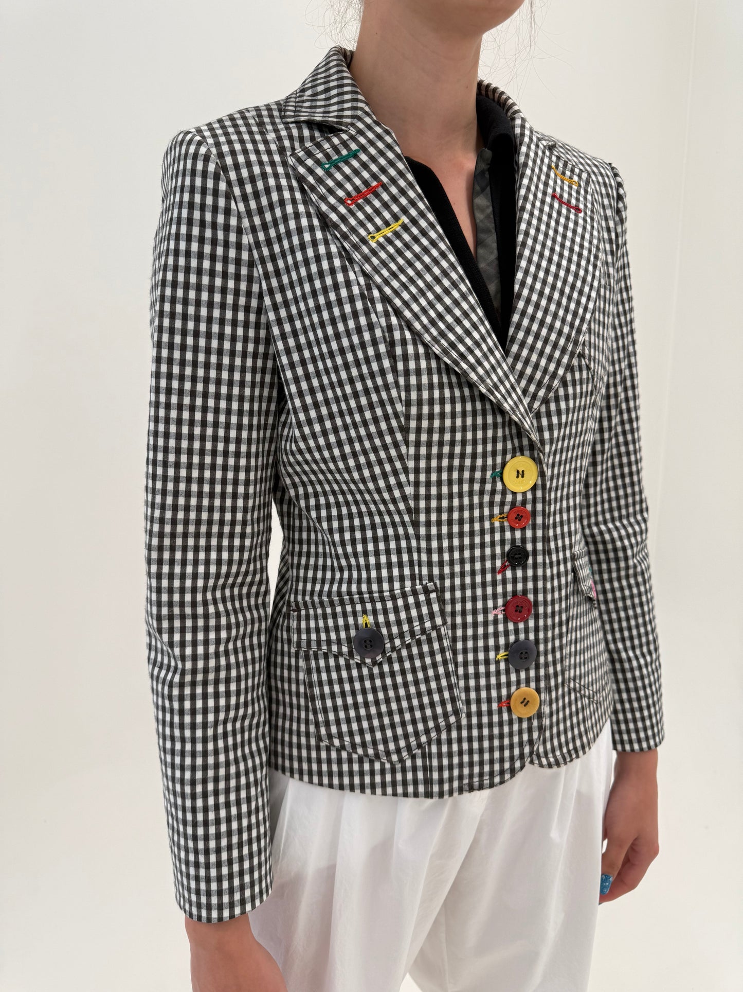 Sacou vintage Moschino gingham alb negru din canvas de bumbac ușor modelator