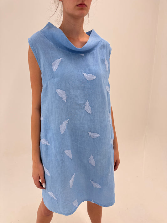 Rochie baby blue italiană din in premium în croi minimalist cu buzunare