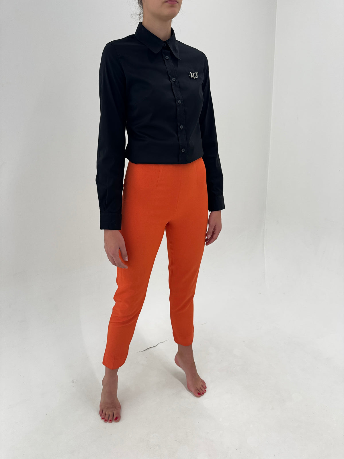 Pantaloni Moschino țigaretă oranj din crep extrem de calitativ cu talie ultra înaltă