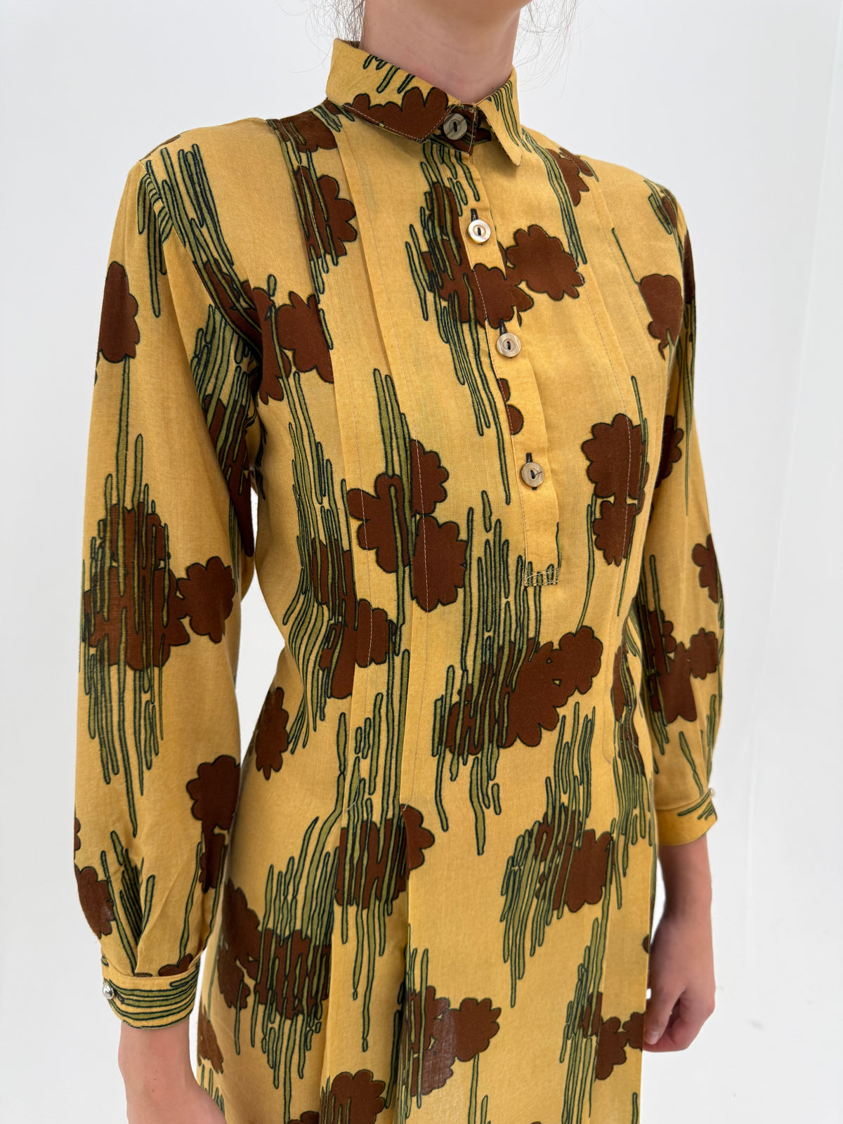 Rochie vintage cu print chocolate brown pe dark butter yellow din lana extrafina