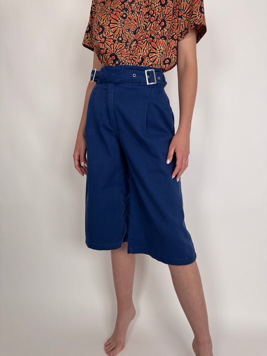 Culottes albastru cerneală din jeans moale cu talie ultra înaltă