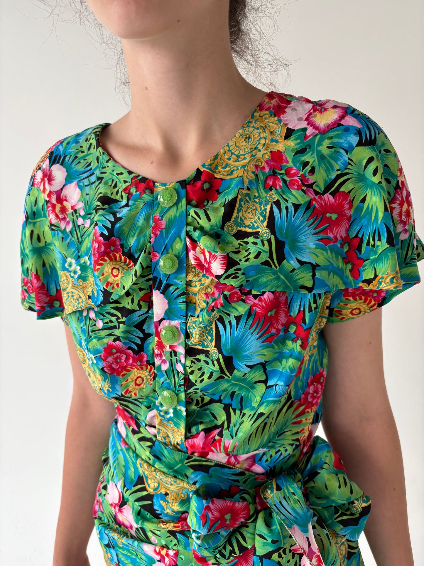 Rochie vintage italiană din mătase naturală cu print superb în culori tari