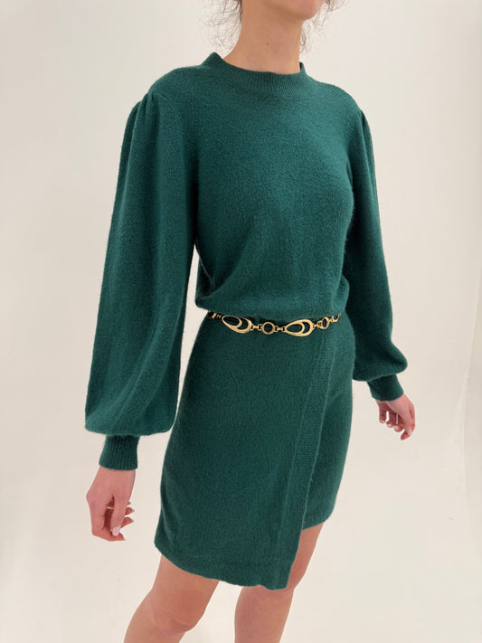 Rochie cu mâneci ample verde smarald din tricot din mix de lana extrafina