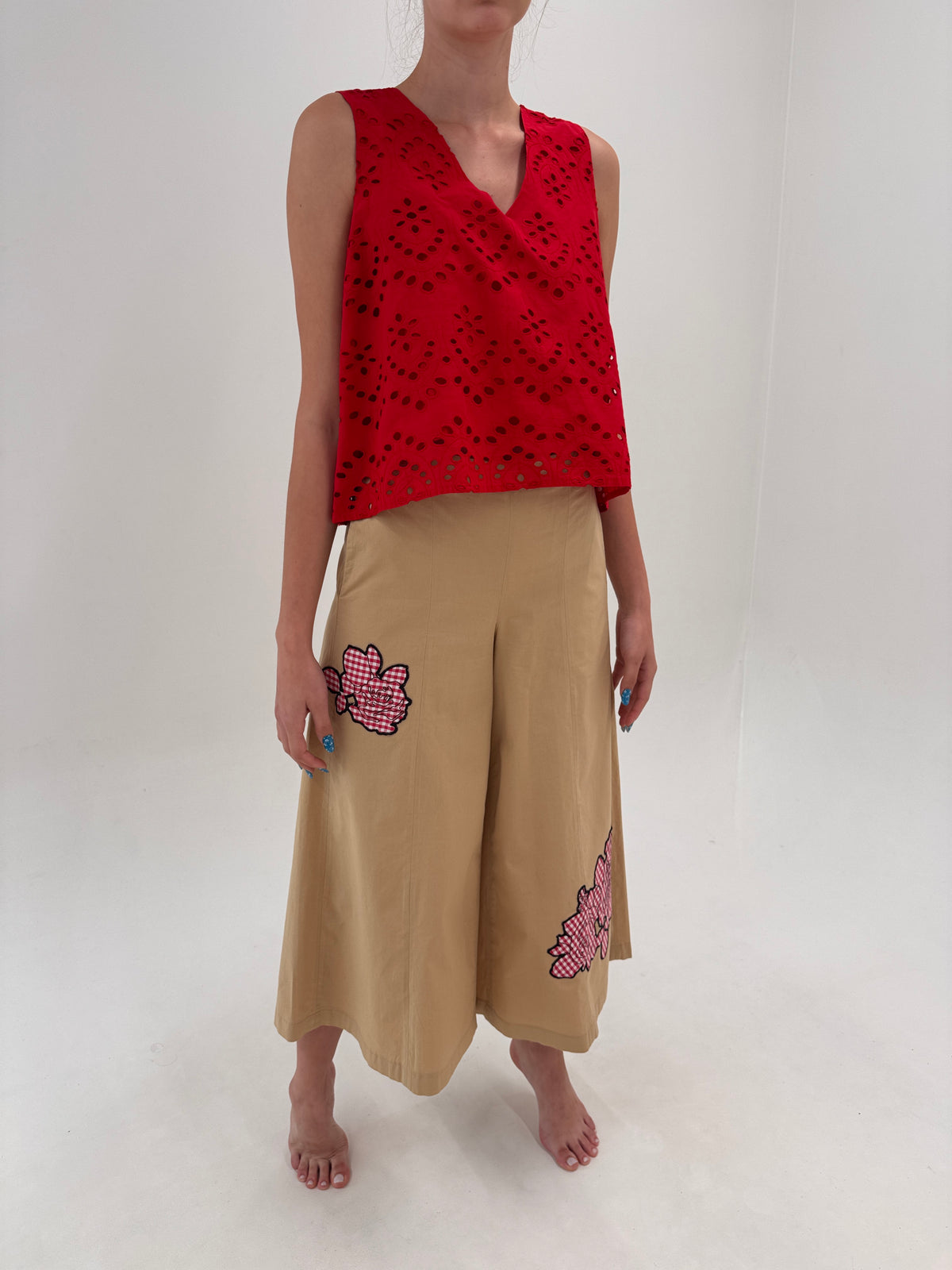 Pantaloni camel palazzo din bumbac moale ultra confort cu aplicații