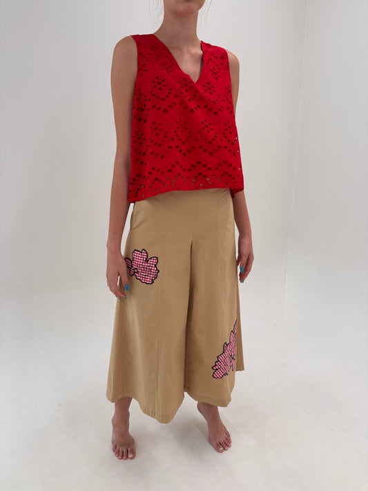 Pantaloni camel palazzo din bumbac moale ultra confort cu aplicații