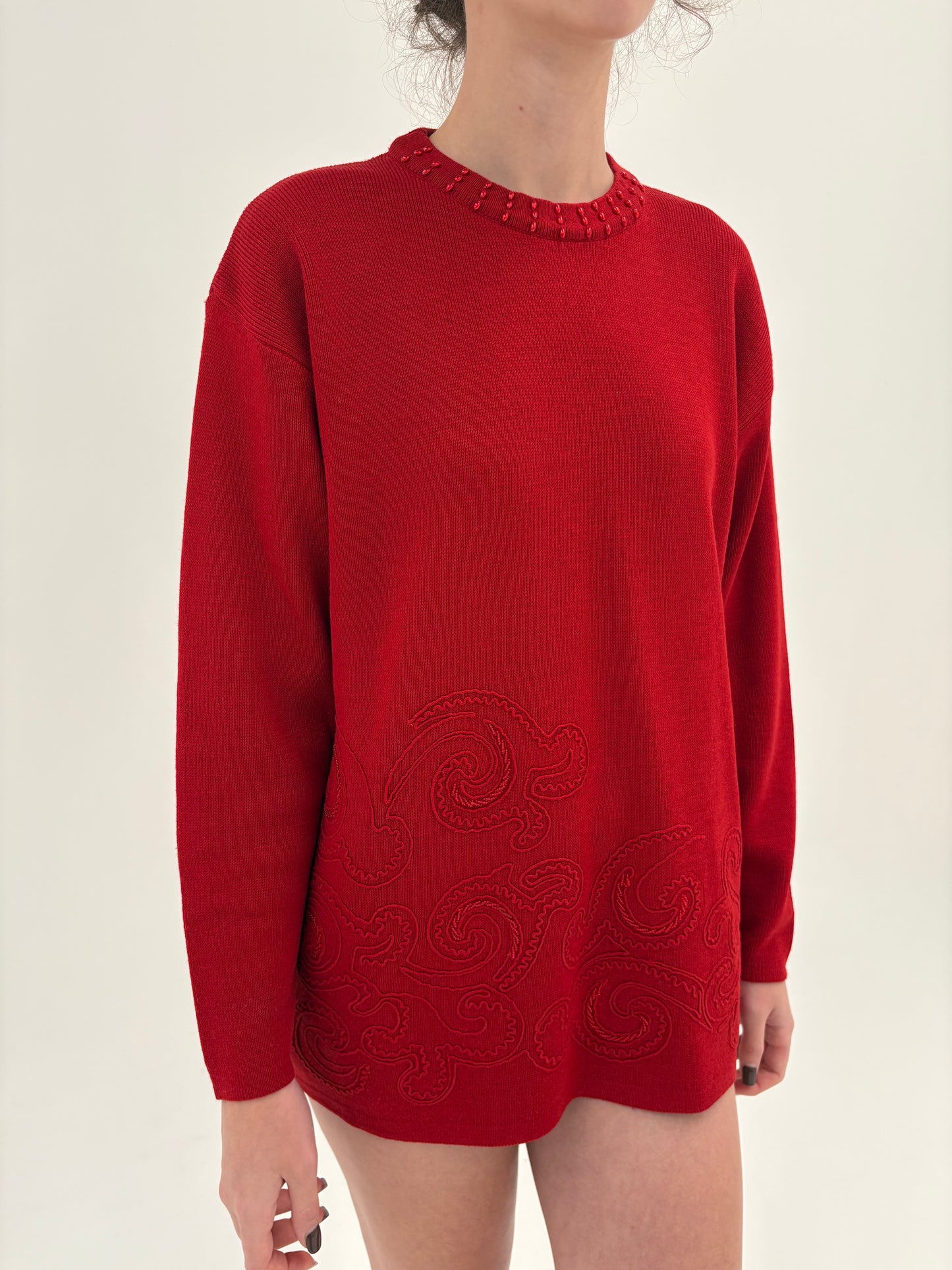 Pulover vinatge italian cherry red din lana merino extrafina de gramaj mare