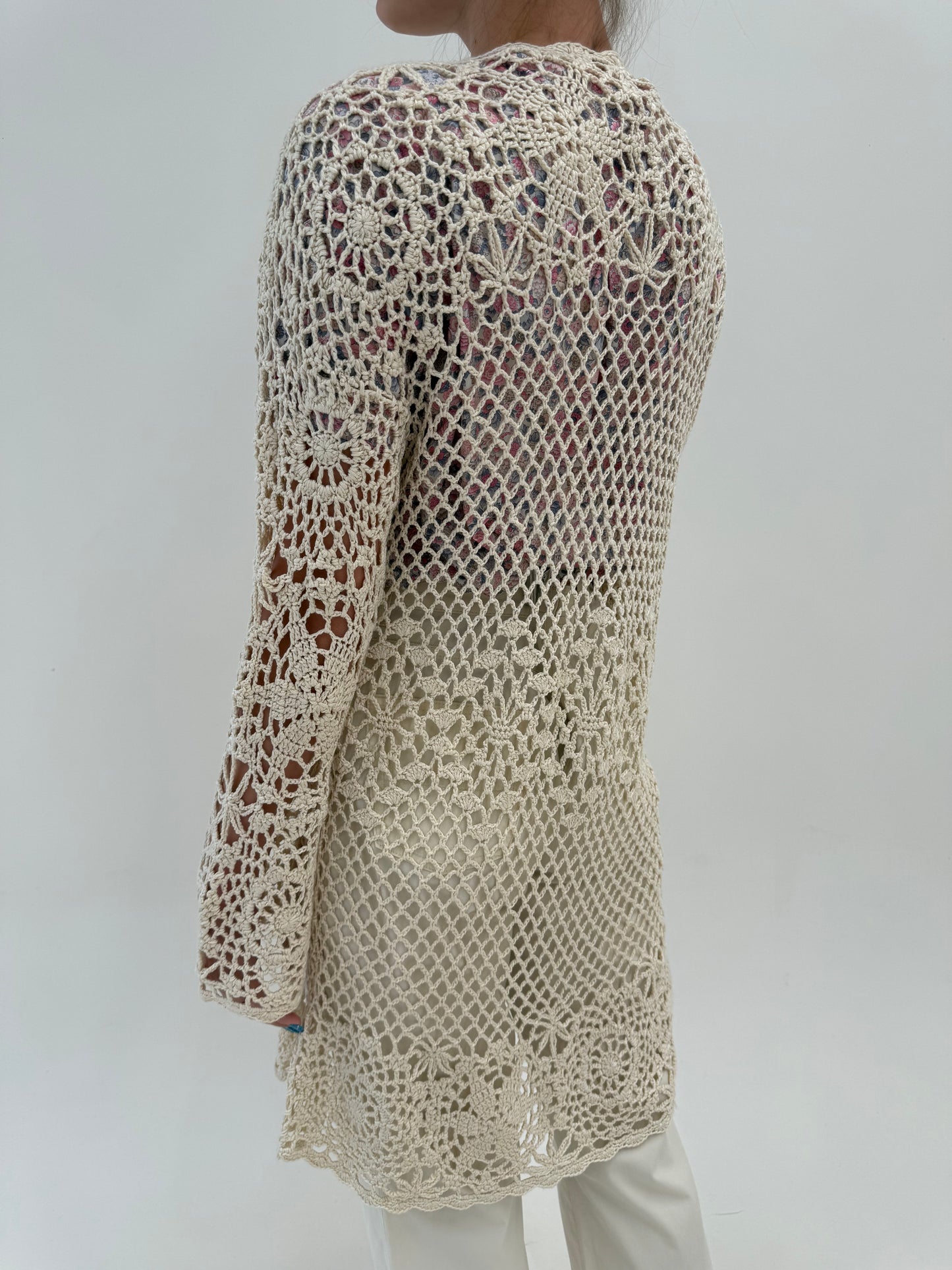 Cardigan lung din macrame de ham ca lucrat manual butter white