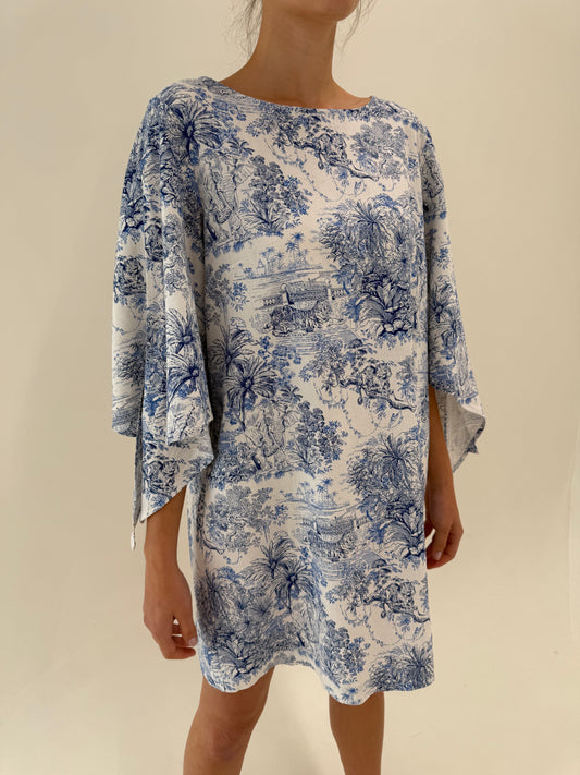 Rochie ultra chic din in premium cu print albastru regal de inspirație asiatică