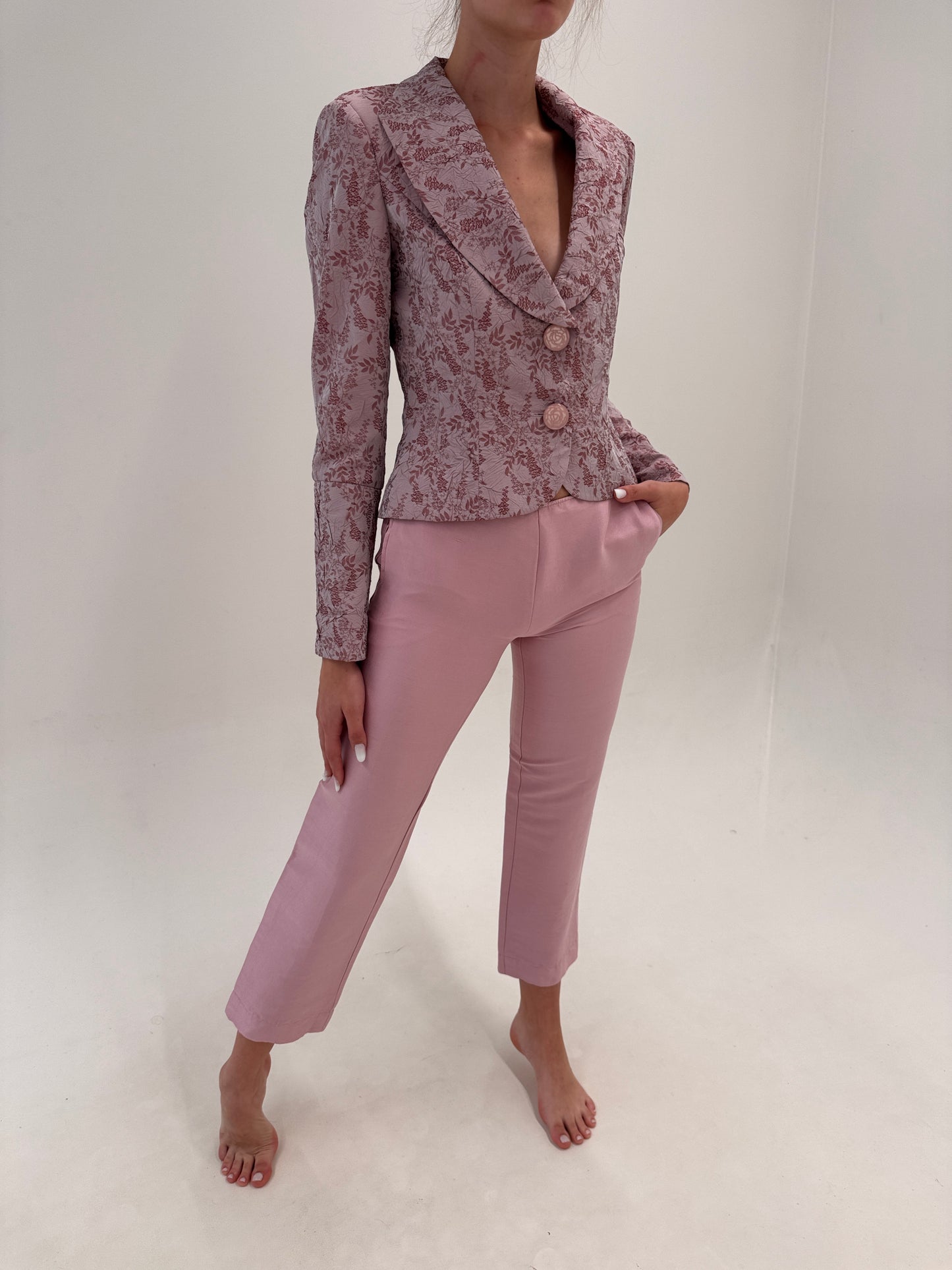Pantaloni petite dusty powder Pink din mătase naturală de la zi la cocktail