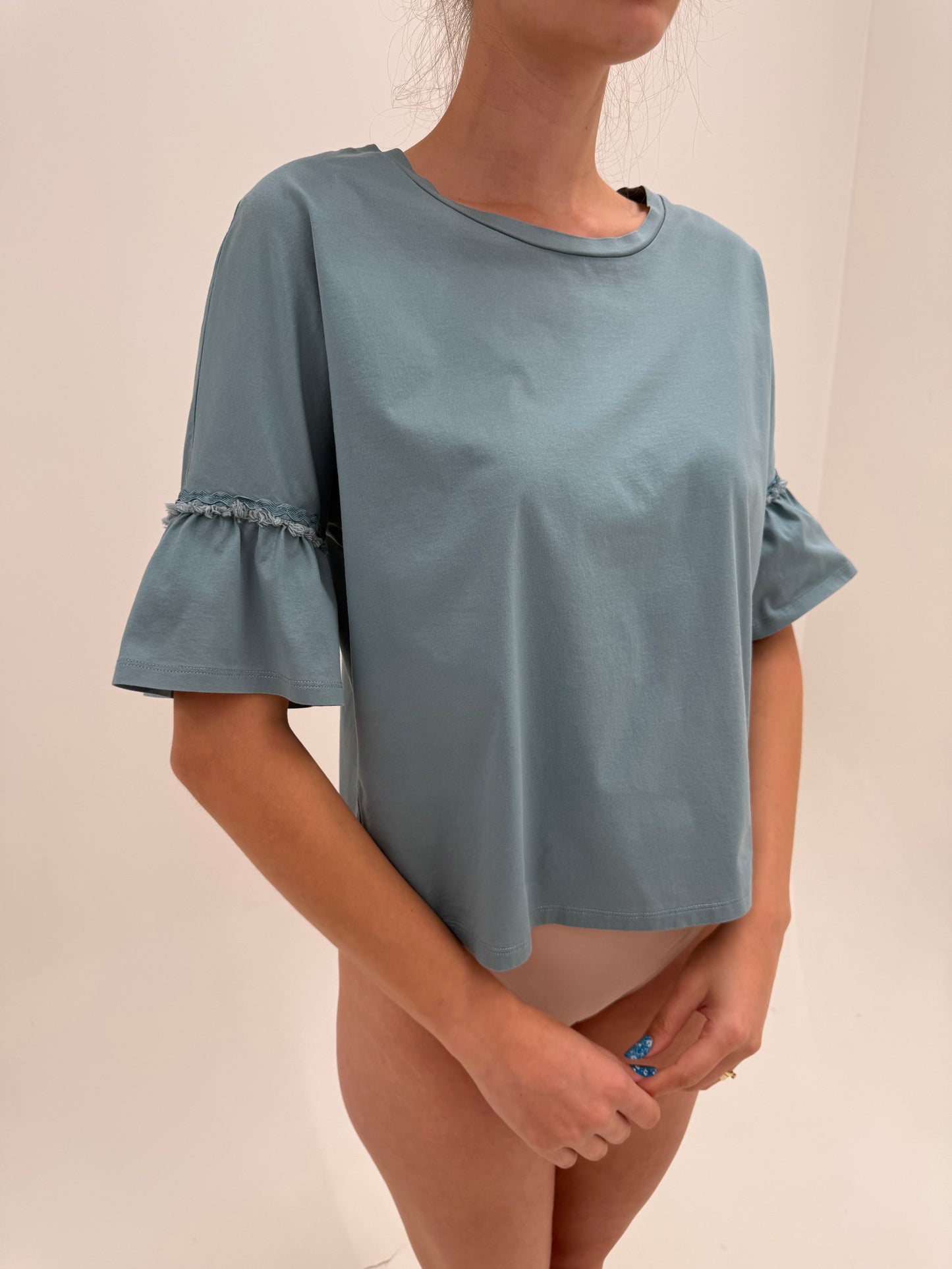 Top gama Max Mara dusty blue în croi ultra chic din bumbac premium