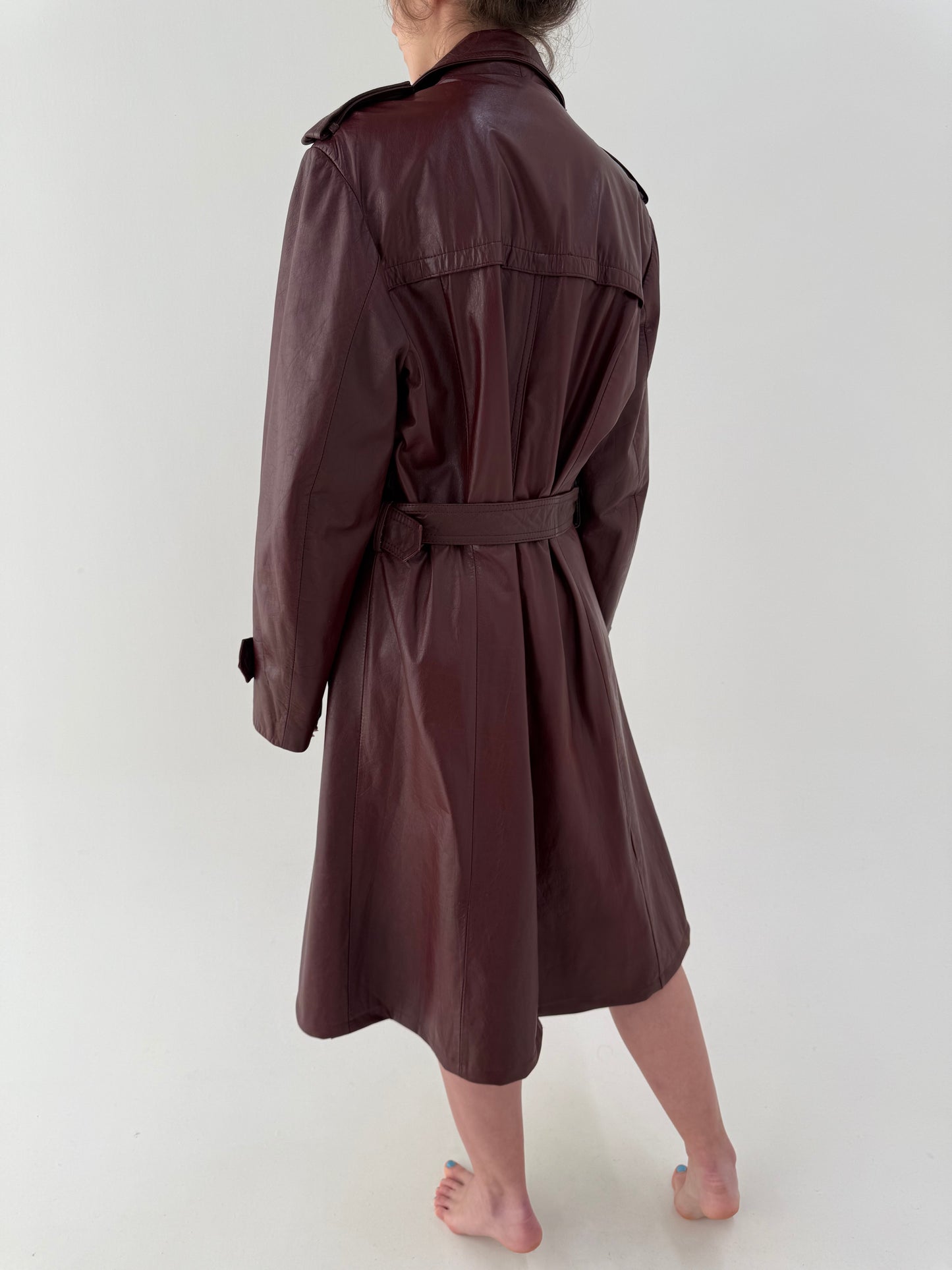 Trench vintage burgundy tall din piele naturală extrem de moale cu talie reglabilă