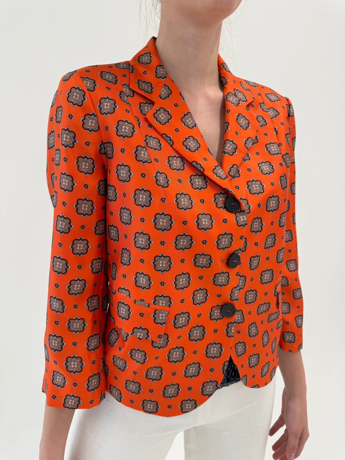 Sacou vintage couture electric orange cu print din mătase naturală