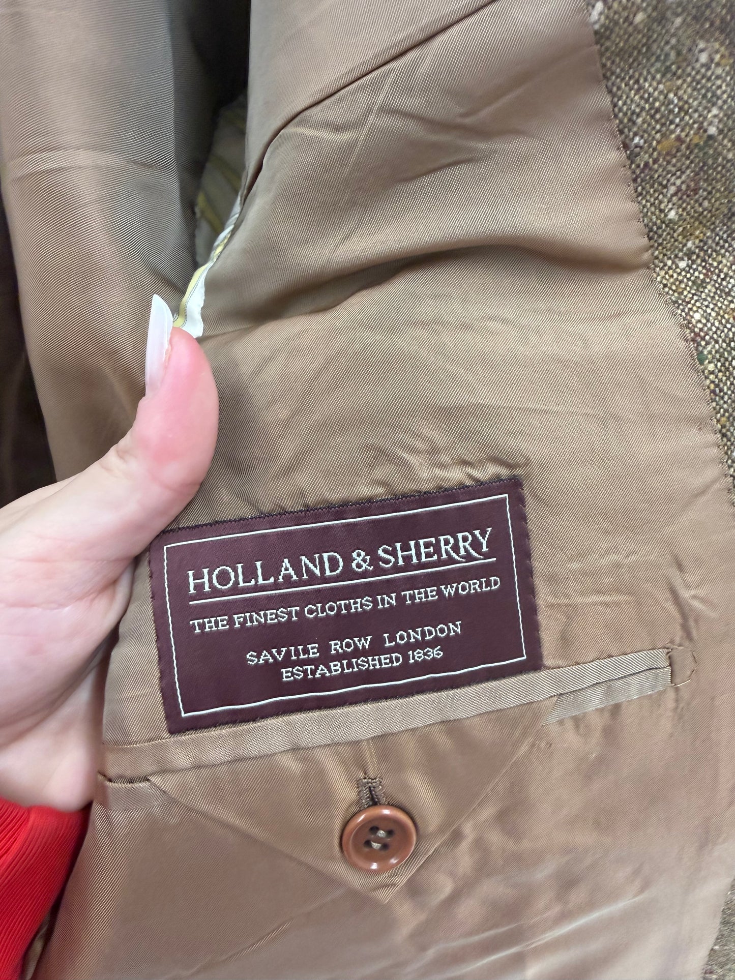 Costum camel ultra luxury bespoke din tweed Donegal de lana extrafina