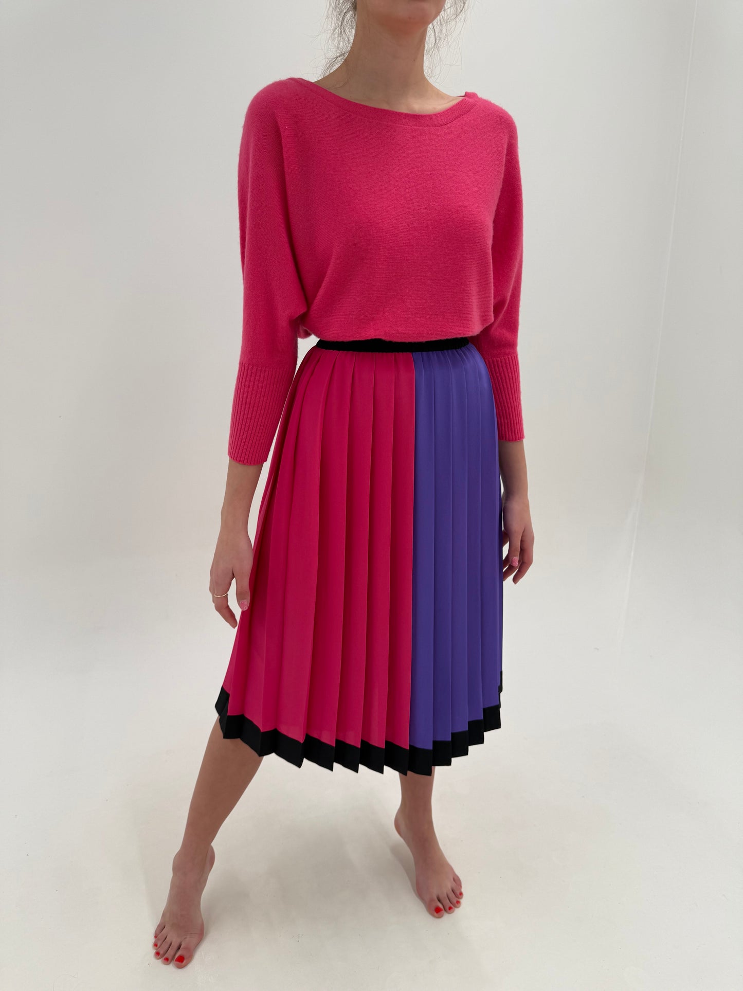 Fustă vintage plisată colorblock cu talie ultra înaltă elastică