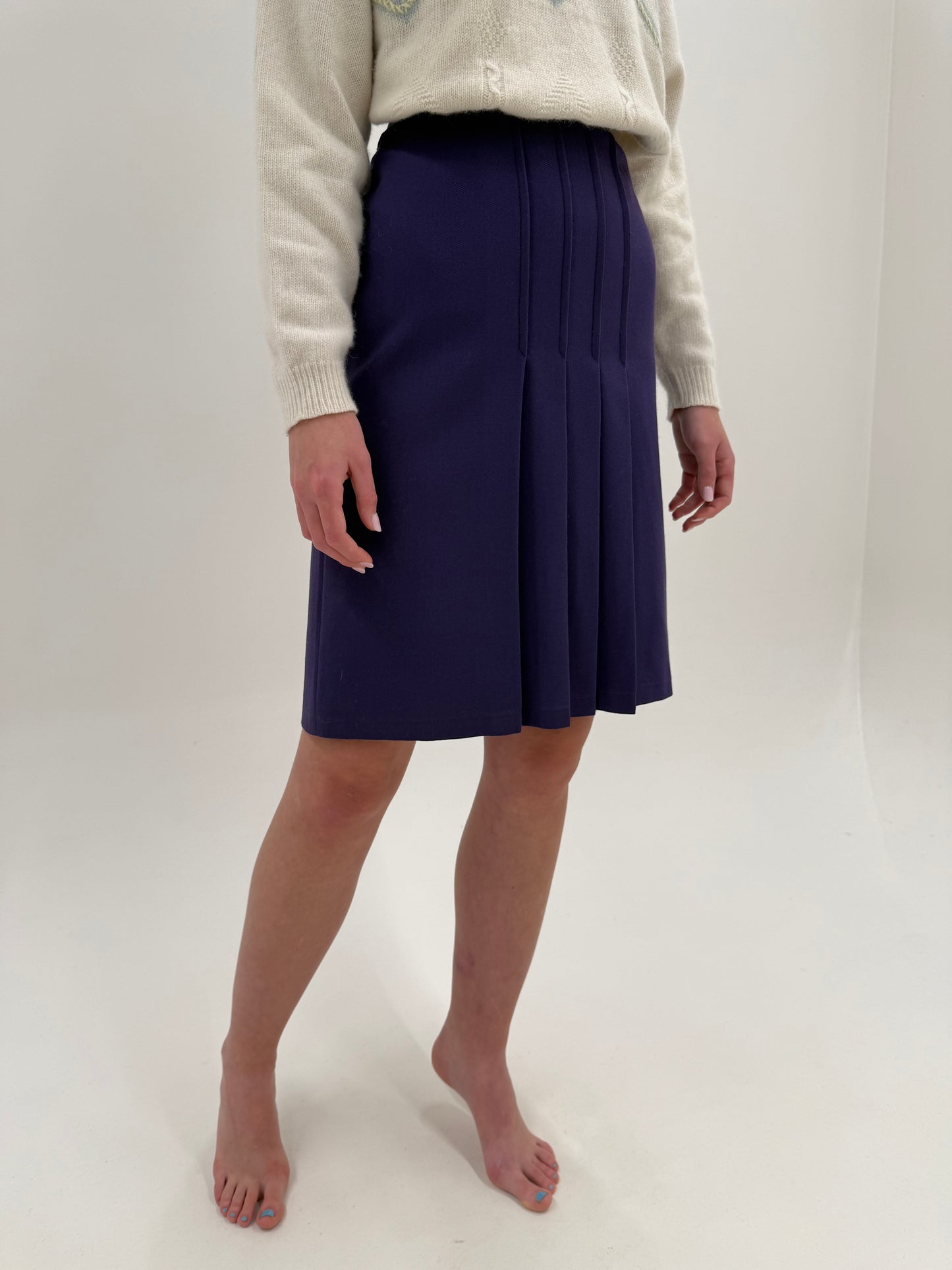 Fustă vintage plisată eggplant purple din lana plină extrafina cu talie ultra înaltă