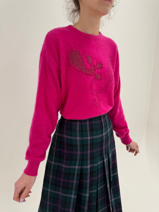 Pulover vintage italian electric orange din lana extrafina cu Angora și broderie