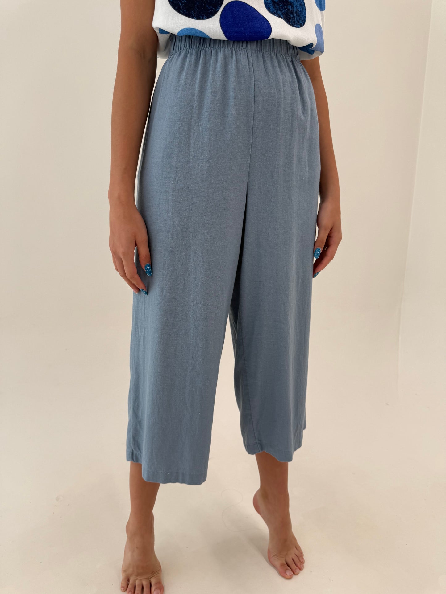 Pantaloni petite palazzo dusty baby blue din in cu talie ultra înaltă elastică