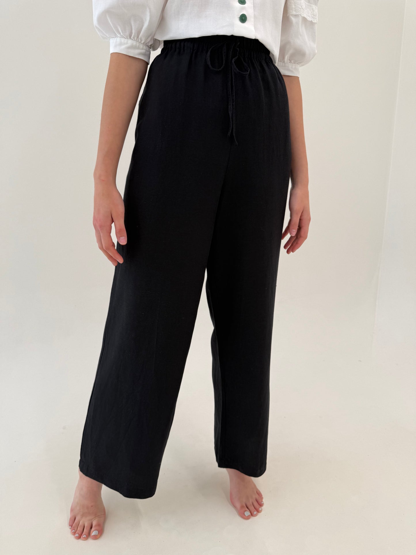 Pantaloni palazzo negri super vaporosi de vară din in cu talie ultra înaltă
