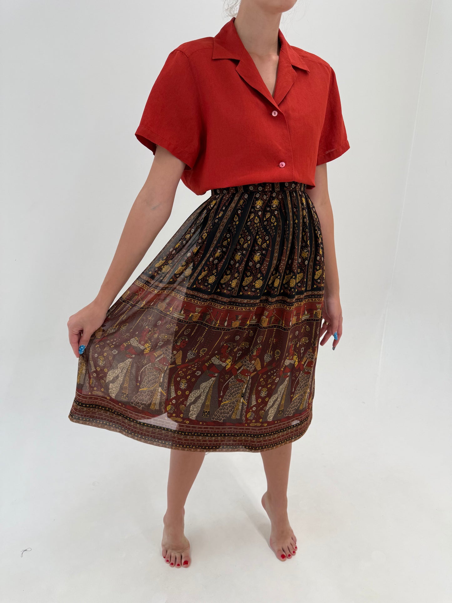 Fustă vintage plisată din mătase naturală cu print superb în nuanțe calde