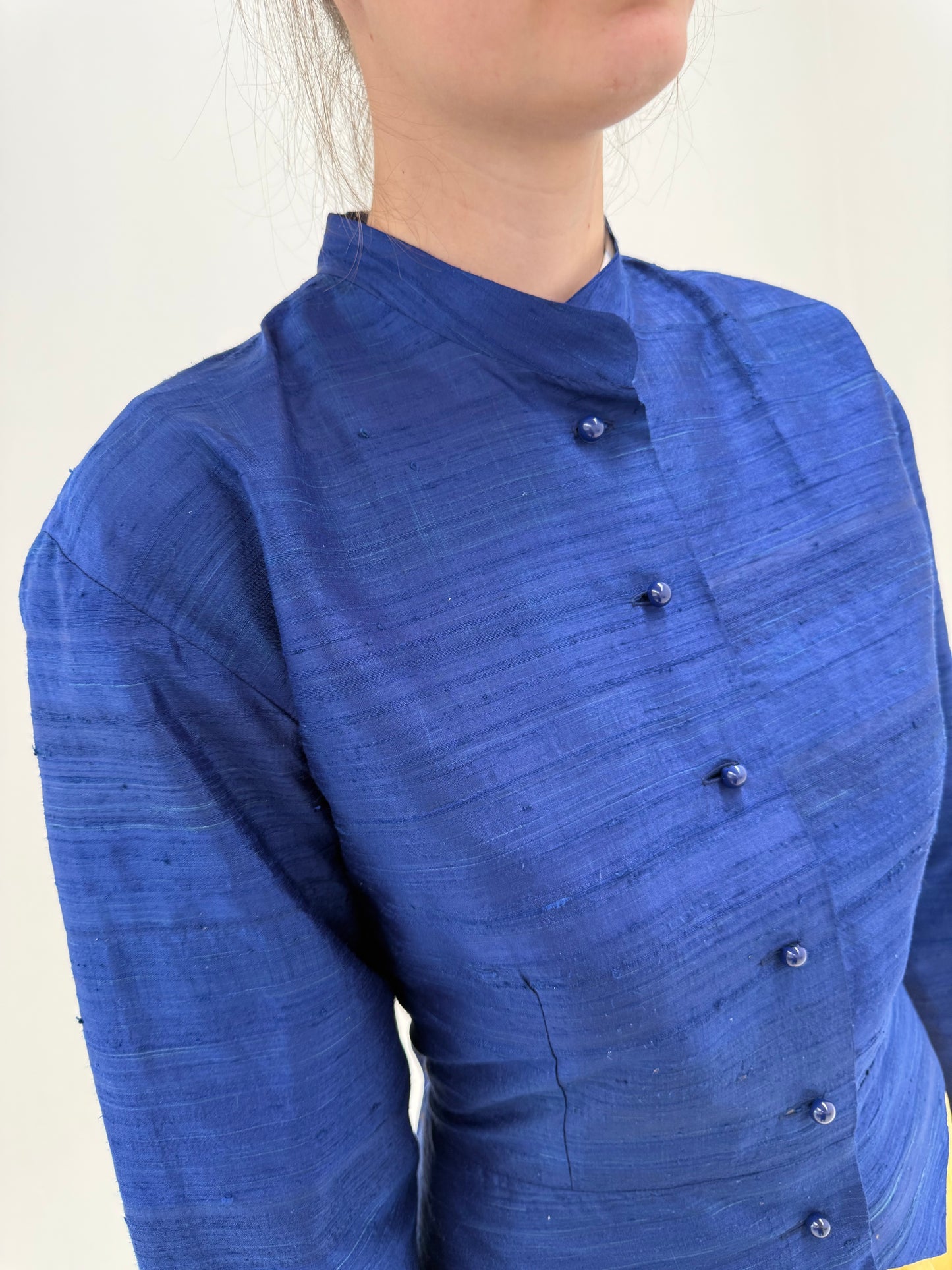 Sacou vintage albastru cerneală ultra cambrat petite din mătase naturală