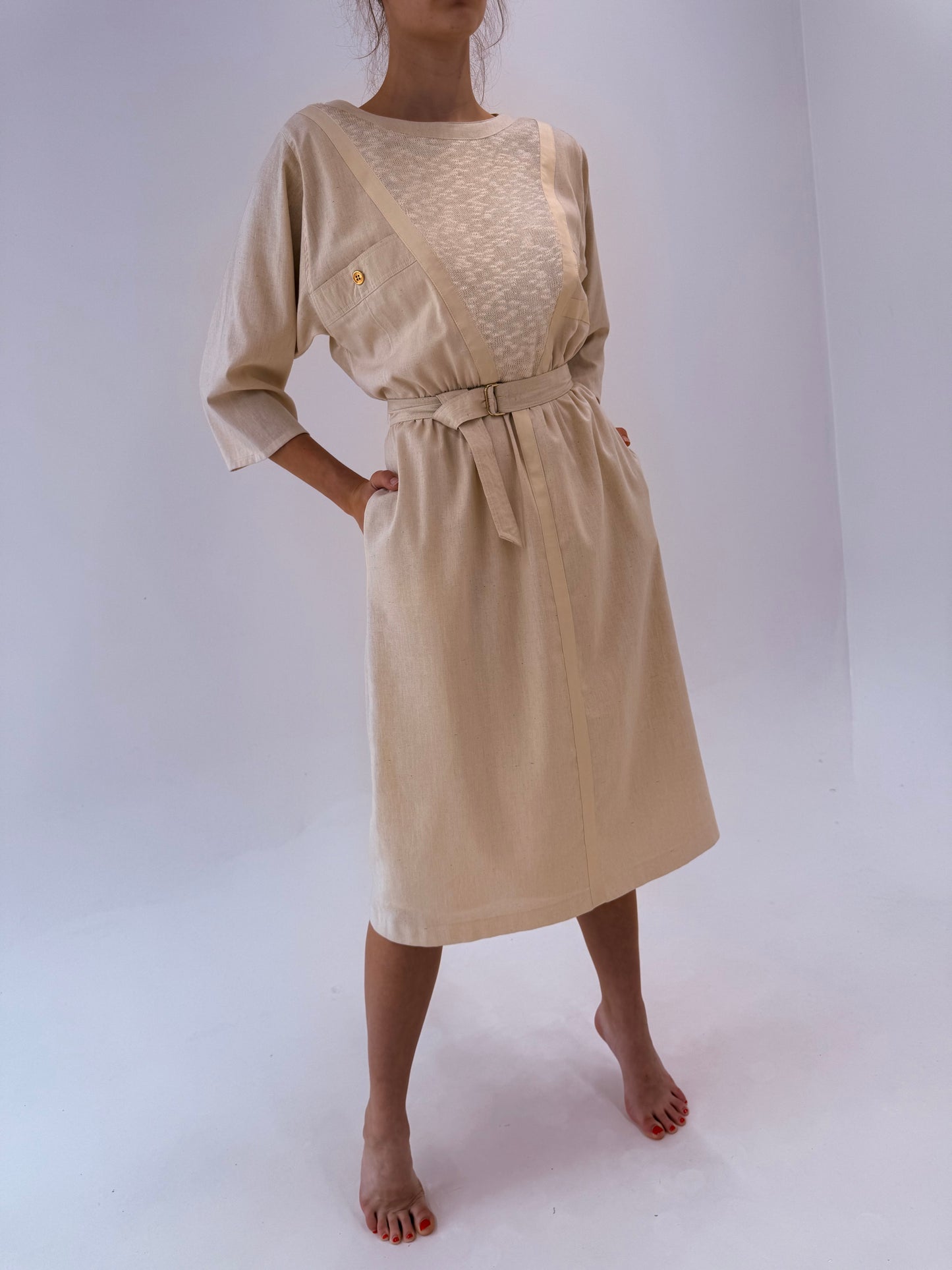 Rochie vintage din pânză de mătase naturală cu bumbac în croi retro modern