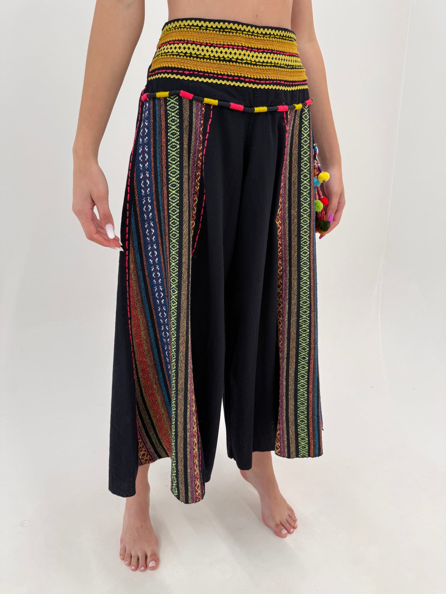Pantaloni boho palazzo din pânză tesuta de bumbac cu lucrătură manuală