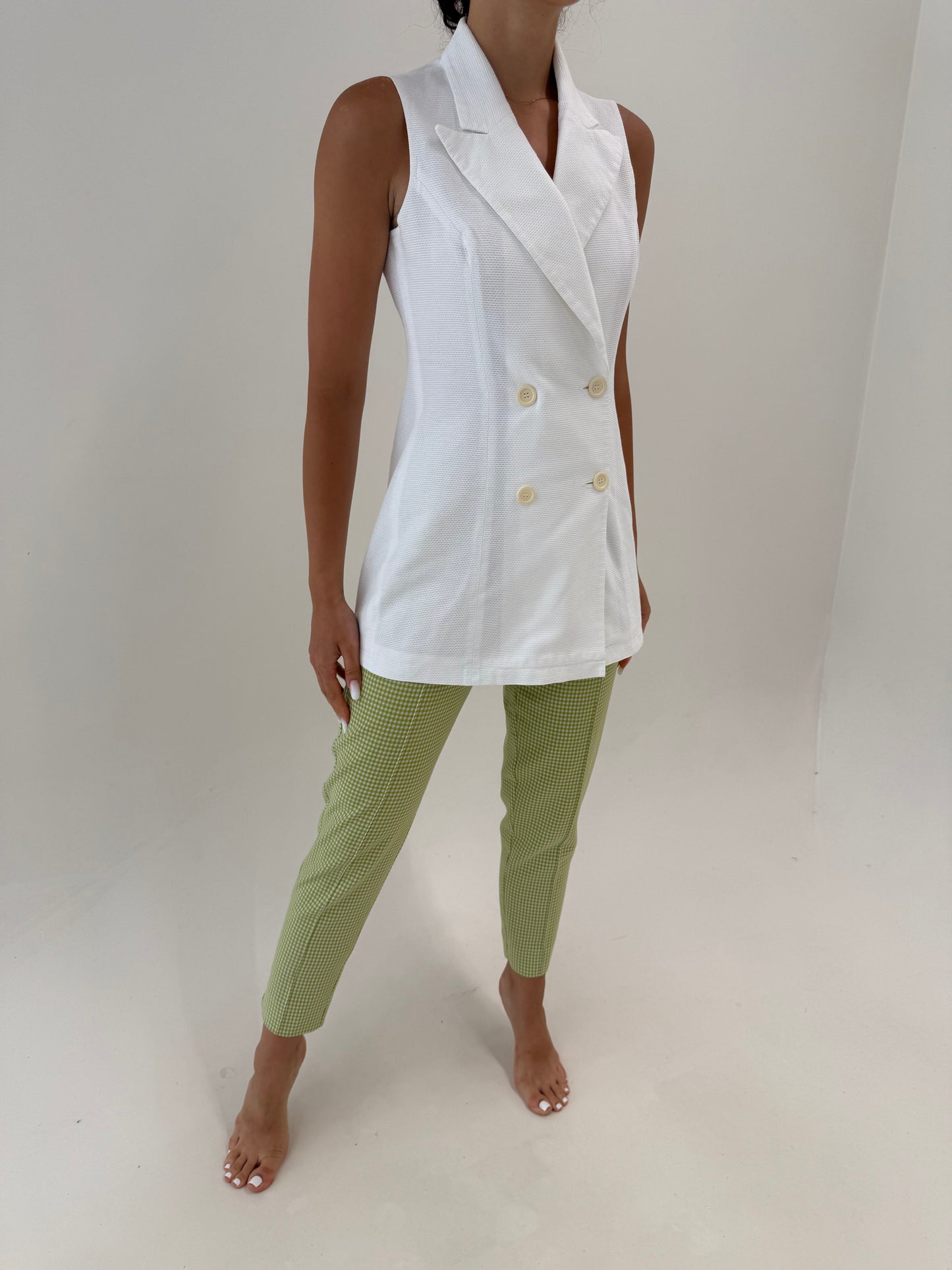 Pantaloni gingham țigaretă cu verde crud și alb ultra modelatori din pânză