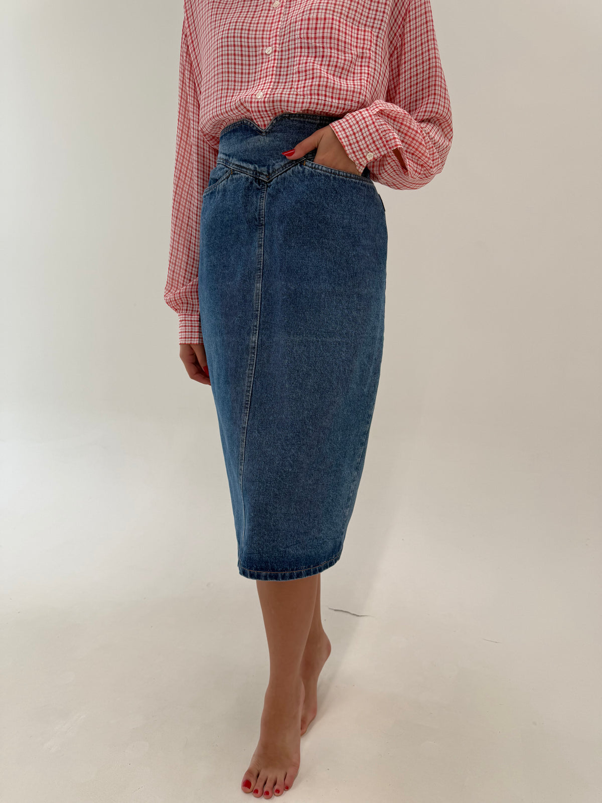 Fustă vintage din jeans cu talie ultra marcată extrem de înaltă midi lung