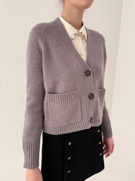 Cardigan din cașmir dusty lavender cu inserții curcubeu