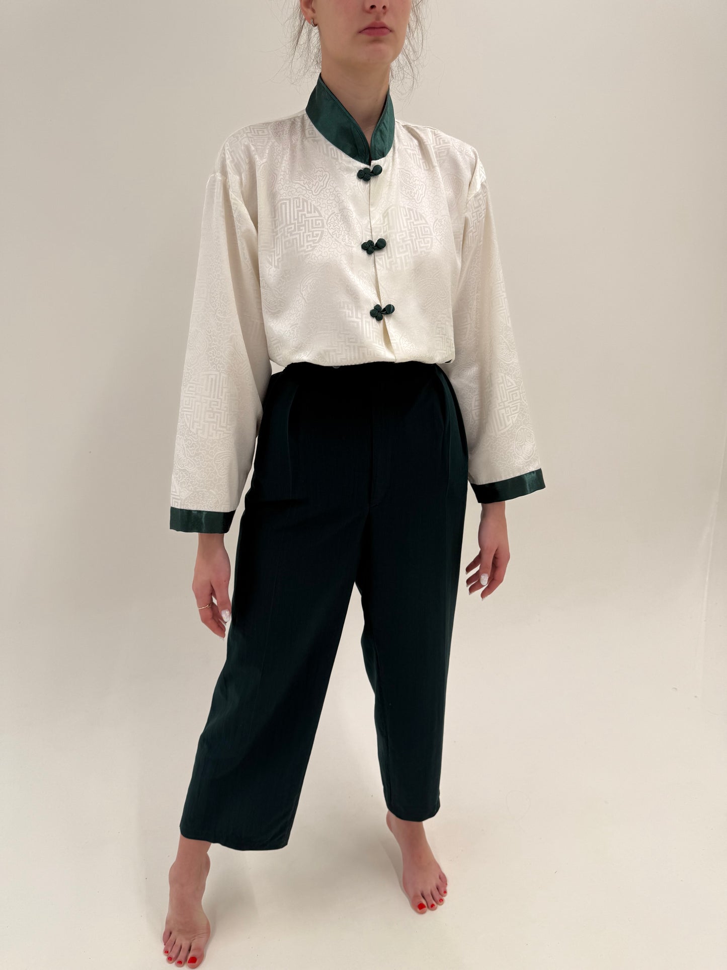 Pantaloni vintage italienești dark green din twill de bumbac cu pense